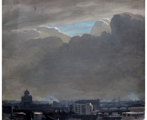 STEPHEN BONE (1904-1958). LONDON VIEW TOWARDS TOWER BRIDGE, UNDER A STORMY SKY. (d) Oil on canvas, unframed , 51 x 61cm; , wi
