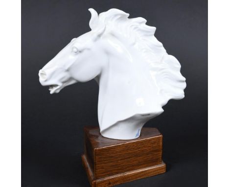 MEISSEN BUST OF A HORSE - 1949. A white porcelain bust of a Horse, mounted on a wooden base. With impressed signature and dat