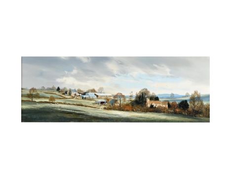 MICHAEL BARNFATHER (B.1934). AUTUMN AT LLANGOVAN. (d) Signed and dated 80, oil on canvas, 36.5 x 135.5cm. * Needs only a very