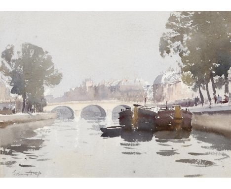 EDWARD SEAGO, RWS (1910-1974). BARGES BY THE PONT ST. MICHEL, PARIS. (d) Signed, watercolour and pencil, 27 x 37.5cm., Proven