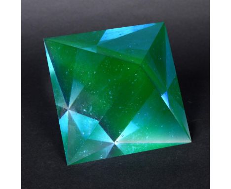 STEPAN PALA (CZECHOSLOVAKIA B 1944) - OCTAHEDRON, COLOURED GLASS SCULPTURE. A green coloured glass sculpture with bubble incl