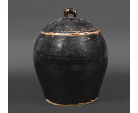 BERNARD LEACH CBE (BRITISH 1887-1979) - LARGE STONEWARE LIDDED JAR & ELEPHANT FINIAL. (d) A large stoneware jar mounted with 