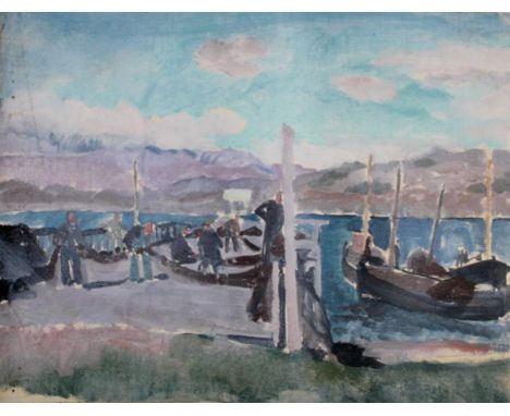 STEPHEN BONE (1904-1958). SOLDIERS BY A TOWN. (d) Oil on canvas, unstretched, 50 x 60cm;, with three further landscapes by th