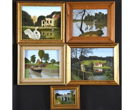 BERNARD CARTER (1920-2014). FIVE PICTURES. (d) Comprising `Owl on a Fence` (1990), 22 x 29.5cm.; `Swans by the Ruin`, 23 x 27