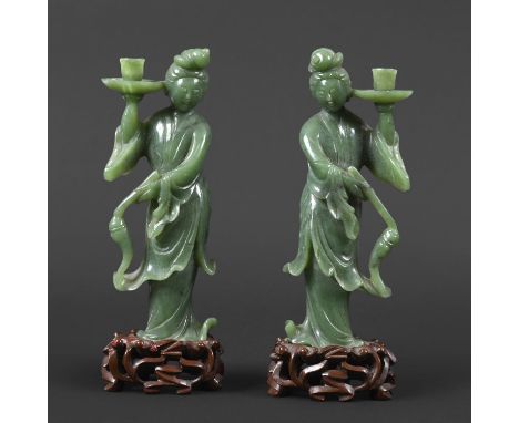 BOXED CHINESE JADE FIGURES & STANDS - WITH ORIGINAL RECEIPT, 1960. A pair of mid 20thc jasper jade figures of ladies, the fig