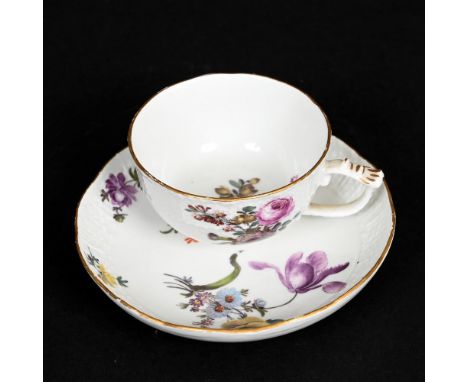 MEISSEN CUP &amp; SAUCER. 19thc, including a small cup painted with sprigs of flowers and with a basket weave border to the t