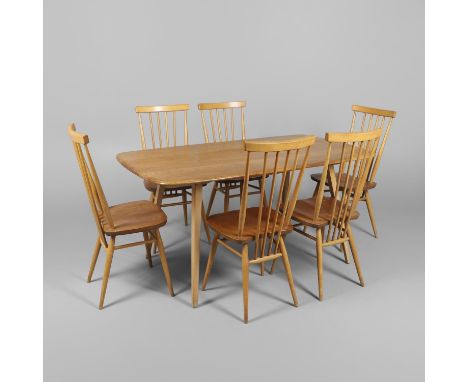 ERCOL DINING TABLE & SIX CHAIRS. A light elm dining table with splayed beech legs, 151cms by 84cms, 93cms high. Also with a s