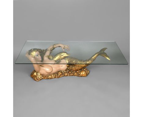 RETRO 'MERMAID' COFFEE TABLE & GLASS TOP. A retro coffee table with a coloured fibreglass base in the form of a Mermaid, with