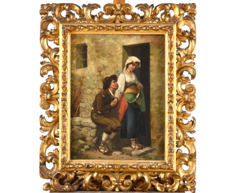 LUIGI BECHI (1830-1919). Follower of. AN ARDENT WOOING. Oil on canvas, `Florentine` frame, 45 x 34.5cm. * Slight stretcher br
