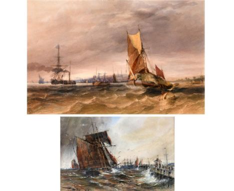 THOMAS BUSH HARDY (1842-1897). FISHING BOATS OFF A JETTY IN CHOPPY WATERS. Signed and dated 1891, watercolour with scratching
