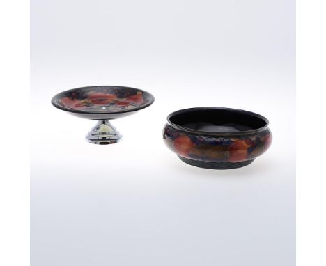 ANTIQUE MOORCROFT BOWL &amp; TAZZA. A large Moorcroft bowl in the Pomegranate design with an unusual ridged unglazed base (ri