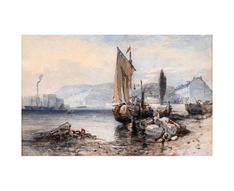JOHN SKINNER PROUT (1806-1876). BEACHED BOATS IN A HARBOUR. Signed and dated 1855, watercolour heightened with white, 24.5 x 