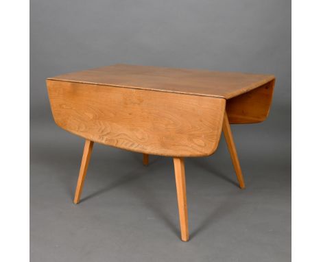 ERCOL - VINTAGE DINING TABLE &amp; THREE CHAIRS. A large drop flap table, with a light elm top and supported on splayed beech