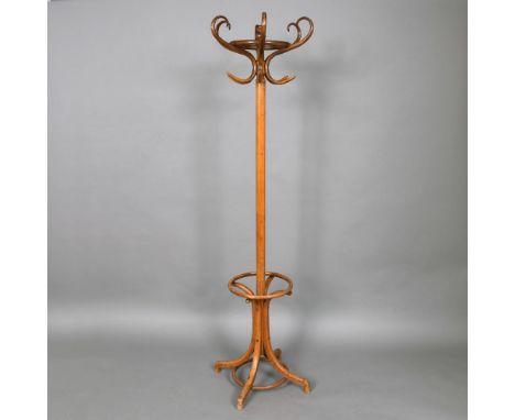 FISCHEL - VINTAGE BENTWOOD HAT STAND &amp; ORIGINAL LABEL. A large hat stand with curved hooks to the top section and a secti
