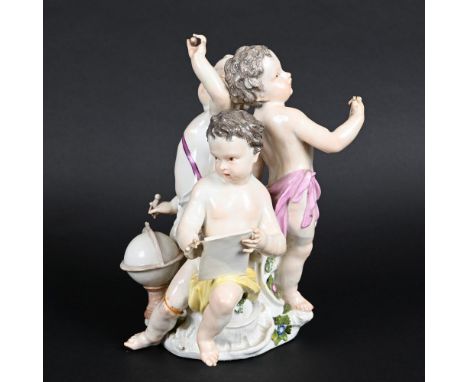 MEISSEN CHERUB GROUP - ASTRONOMY. Possibly 18thc and emblematic of astronomy, a large group with three cherubs including one 