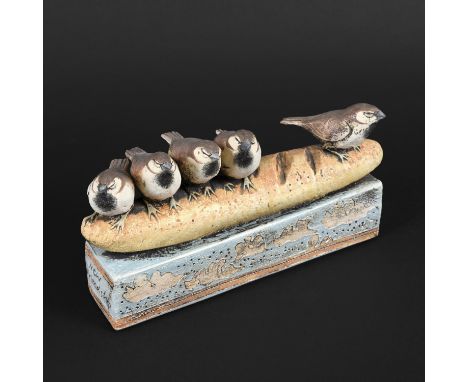 BLANDINE ANDERSON - LARGE GROUP OF BIRDS 'NEW FRIENDSHIP'. A large pottery group of birds perched together, mounted on a rect