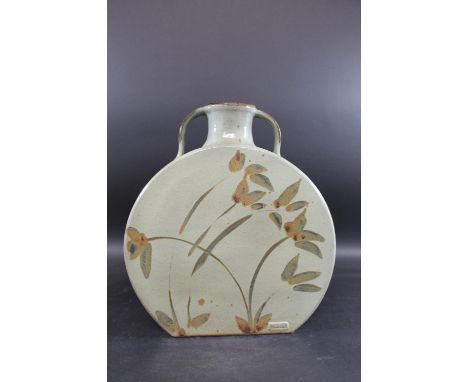 D WEIIS - LARGE STUDIO POTTERY VASE. An unusually large stoneware vase, with a celadon glaze and painted foliage to each side