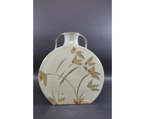 D WEIIS - LARGE STUDIO POTTERY VASE. An unusually large stoneware vase, with a celadon glaze and painted foliage to each side