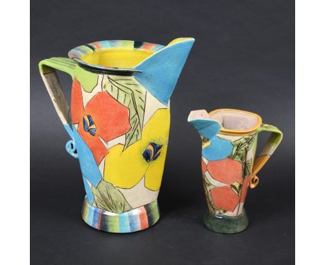 PAUL JACKSON - LARGE STUDIO POTTERY JUG. (d) A large terracotta jug of angular form with geometric floral decoration, signed 