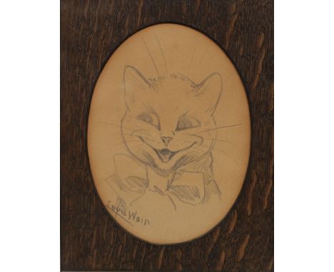 LOUIS WAIN (1860-1939). CAT WITH A BOW TIE. Signed, pencil, mounted oval, 18 x 13cm. * Paper time-toned. **BP 22.5% inc VAT +