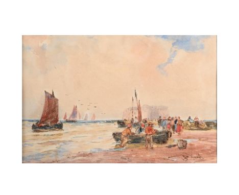 THOMAS BUSH HARDY (1842-1897). FISHERFOLK ON THE SHORE. Signed, watercolour, 9 x 14cm. * Slightly faded; time-staining in sky