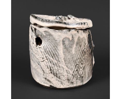 CLAUDE CHAMPY (FRENCH B1944) - LARGE LIDDED JAR. (d) A large and heavily built stoneware lidded jar of organic form, with a p