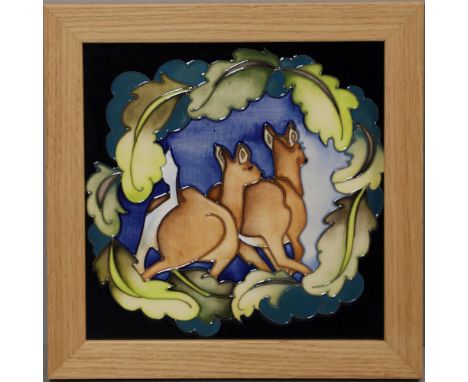 MODERN MOORCROFT TRIAL PLAQUE - DEER. A square plaque painted with two Deer within a border of leaves and black border, mount