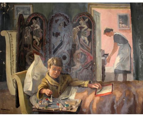 STEPHEN BONE (1904-1958). THE ARTIST'S WIFE, MARY, WITH A SON. (d) Signed, oil on canvas, unstretched, 76 x 100cm. * Some ine