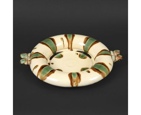 TAKESHI YASUDA (JAPANESE B 1943) - LARGE STUDIO POTTERY DISH & ORIGINAL LABEL. (d) A large stoneware double handled dish with