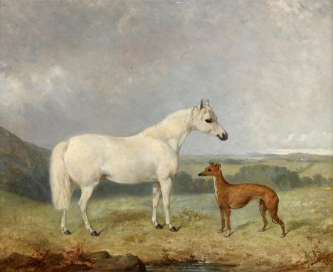 JAMES CASSIE, RSA (1819-1879). A GREY COB AND A GREYHOUND. Signed and dated 1857, oil on board, 42 x 52cm. * A little light s