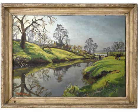 STEPHEN BONE (1904-1958). RIVERSIDE PASTURE. (d) Signed, oil on canvas, framed, 55.5 x 75.5cm. , Exhibited possibly London, T