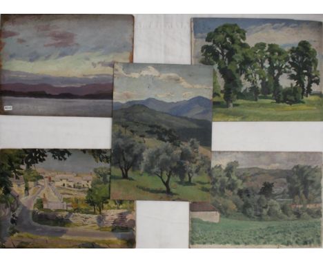 STEPHEN BONE (1904-1958). FIVE LANDSCAPE SKETCHES. (d) Unsigned, oil on panel, board or canvasboard, unframed, 27 x 35cm appr