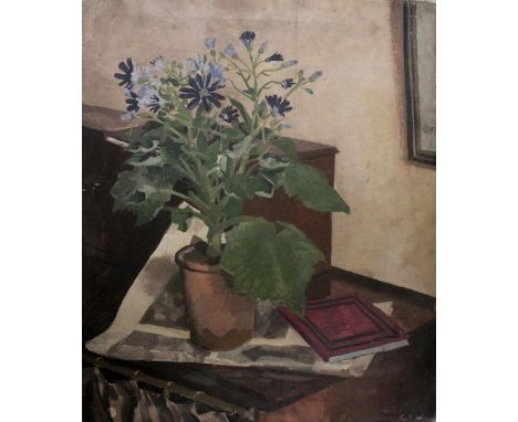 STEPHEN BONE (1904-1958). BLUE CINERARIAS. (d) Signed, oil oil on canvas, unframed , 61 x 51cm.; , and another, Bowl of Flowe
