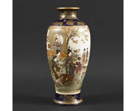 LARGE JAPANESE SATSUMA SIGNED VASE - KINKOZAN. Meiji period, a large vase painted on one side with various ladies in conversa