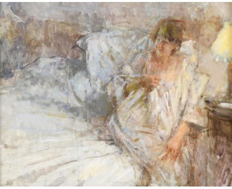 BERNARD DUNSTAN, RA (1920-2017). WOMAN IN A NEGLIGEE. (d) Signed with initials, titled and dated 4-5 `01 verso, oil on panel,