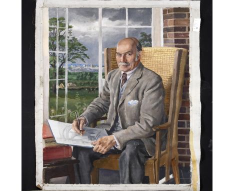 STEPHEN BONE (1904-1958). PORTRAIT OF SIR MUIRHEAD BONE. (d) Seated in an Orkney chair, sketching an architectural subject, a