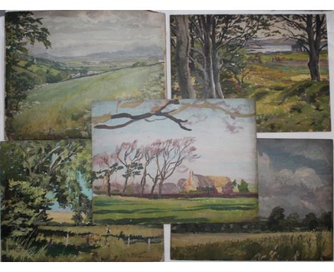 STEPHEN BONE (1904-1958). PORT MADOC ESTUARY; THE BARN; WHEAT IN WARWICKSHIRE; AUGUST IN THE ISLE OF WIGHT. (d) Five, three s