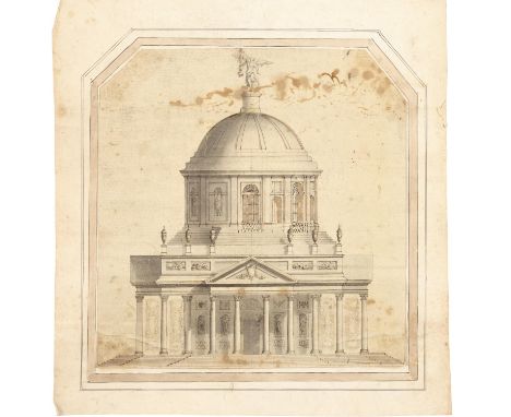 ANTONIO VISENTINI (1688-1782). Follower of. ELEVATION OF A DOMED BASILICA. Pen and brown ink and grey wash, top corners cut, 