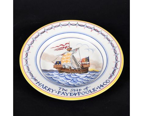 POOLE POTTERY DISH - THE SHIP OF HARRY PAYE, 1955. A hand painted Poole Pottery plate, with a depiction of a ship in the cent