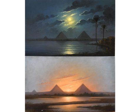KARL PAUL THEMISTOCLES VON ECKENBRECHER (1842-1921). Follower of. THE PYRAMIDS OF GIZA, EGYPT: SUNDOWN, MOONLIGHT. A pair, oi