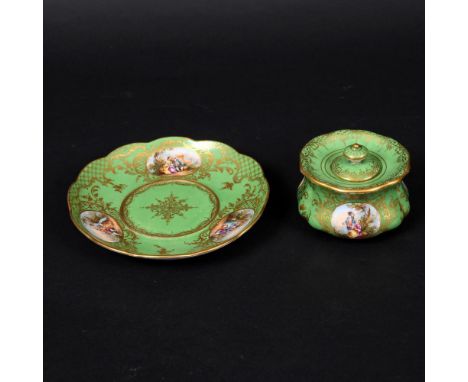 FRANZISKA HIRSCH (DRESDEN) - PORCELAIN LIDDED POT & MATCHING DISH. A dish with three small oval panels each painted with cour