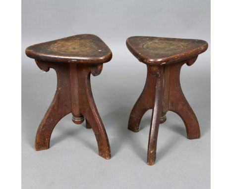 PAIR OF ARTS &amp; CRAFTS STOOLS - STAMPED WITH MAKERS MARKS &amp; SERIAL NUMBERS. An interesting pair of elm seated Arts &am