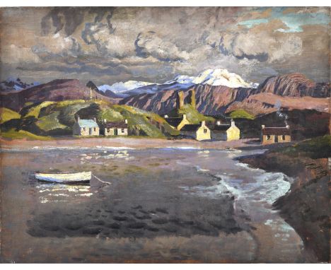 STEPHEN BONE (1904-1958). COTTAGES IN A COVE, MOUNTAINS BEYOND. (d) Oil on canvas, unframed, 71.5 x 91cm. * Satisfactory cond