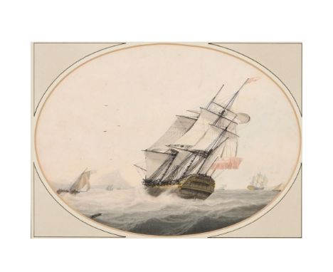 SAMUEL ATKINS (FL.1787-1808). FRIGATE IN CHOPPY WATERS. Signed, watercolour with pen and ink, mounted oval, 20 x 27.5cm. * Fa