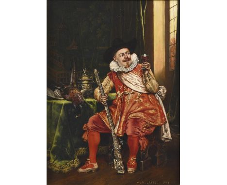 ADOLPHE ALEXANDER LESREL (1839-1929). THE SPORTSMAN. Signed and dated 1903, oil on panel, 24.5 x 17.5cm., Provenance: London,