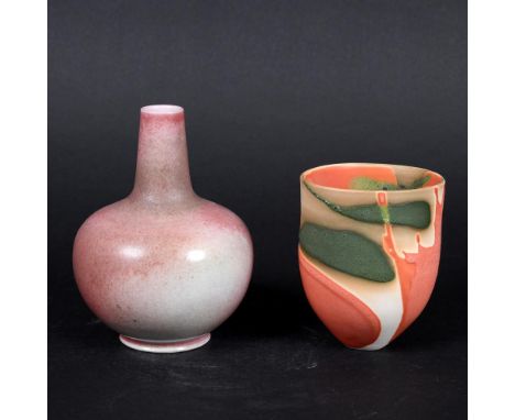 ALAN SPENCER GREEN (1932-2003) PORCELAIN VASE, &amp; SUZANNE BERGENE BEAKER. The bottle shaped vase with a peach high fired g