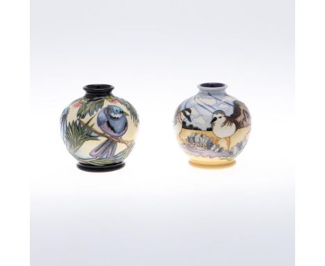 TWO MOORCROFT VASES - SANDPIPER &amp; ANOTHER VASE. A trial vase in the Sandpiper design, dated 10/2/12 (11cms high), and a s