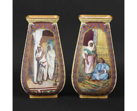 PAIR OF ST DENIS FRENCH POTTERY VASES - SIGNED. Probably late 19thc, an interesting pair of large vases, painted on each side