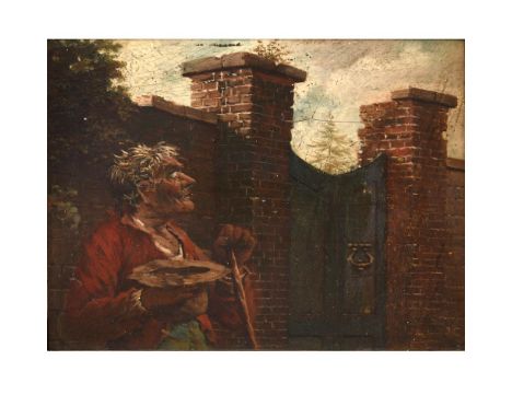 JOHN CRANCH OF BATH (1751-1821). BEGGAR AT A RICH MAN'S GATE. Bears signature and date 1811 verso, oil on panel, 11 x 14.5cm.