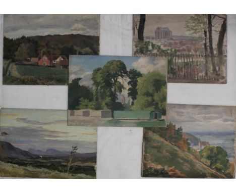 STEPHEN BONE (1904-1958). FIVE LANDSCAPE SKETCHES. (d) Unsigned, oil on panel, board or canvasboard, unframed, 27 x 35cm appr